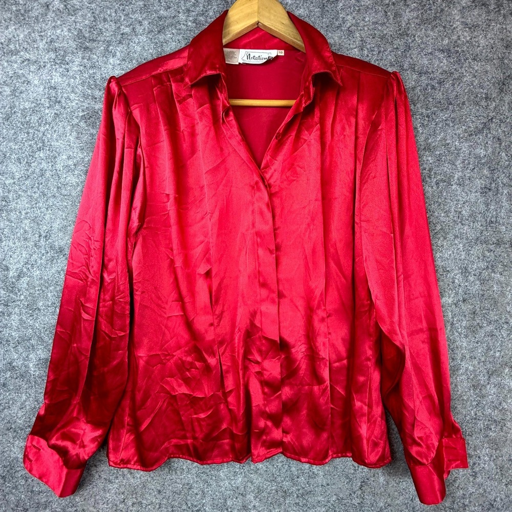 Vintage Notations Satin Secretary Blouse Women 10 Red Shiny Pleated Office Siren